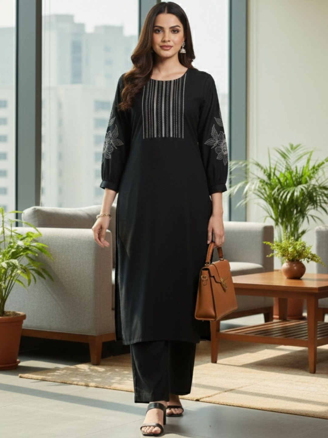 Varanga Women Ethnic Motifs Embroidered Regular Thread Work Kurta with Palazzos