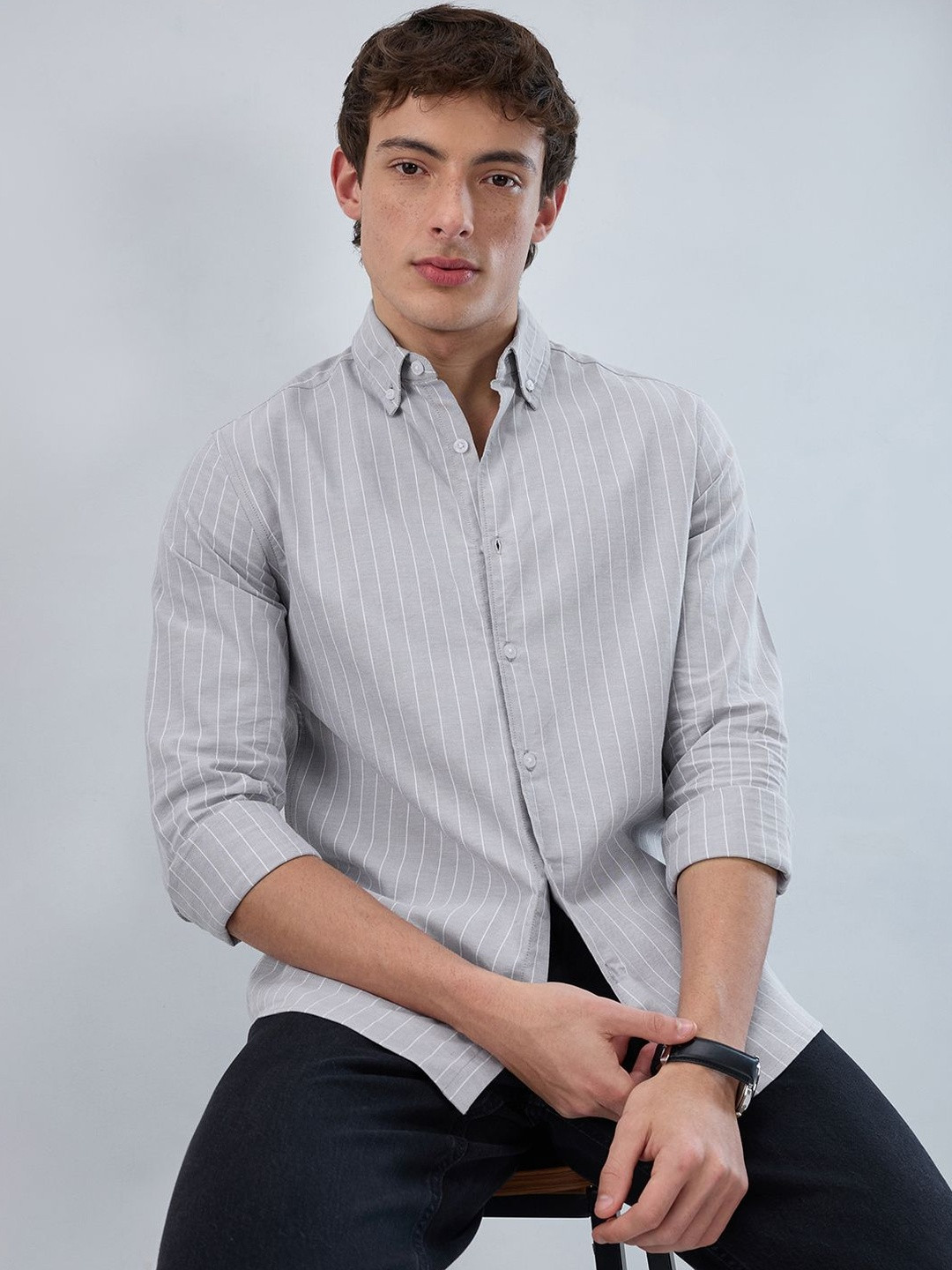 VASTRADO Grey Pin Stripe Button Down Collar Shirt - Image 1