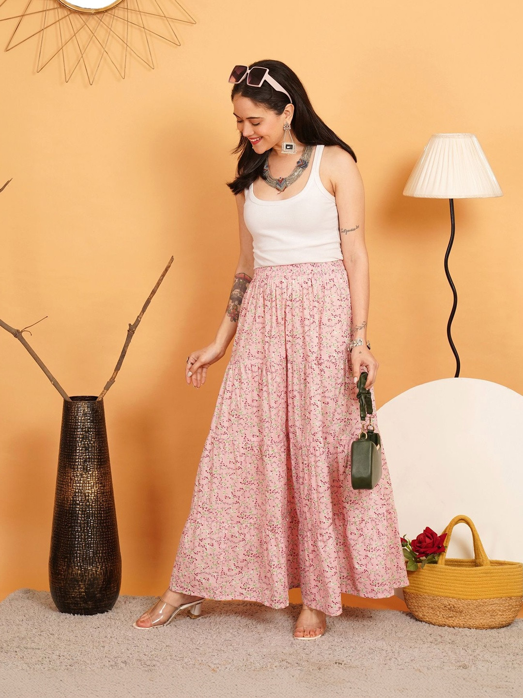 URBAN DHAGA Women Cotton Blend Cotton Cambric Floral Maxi Tiered Skirt