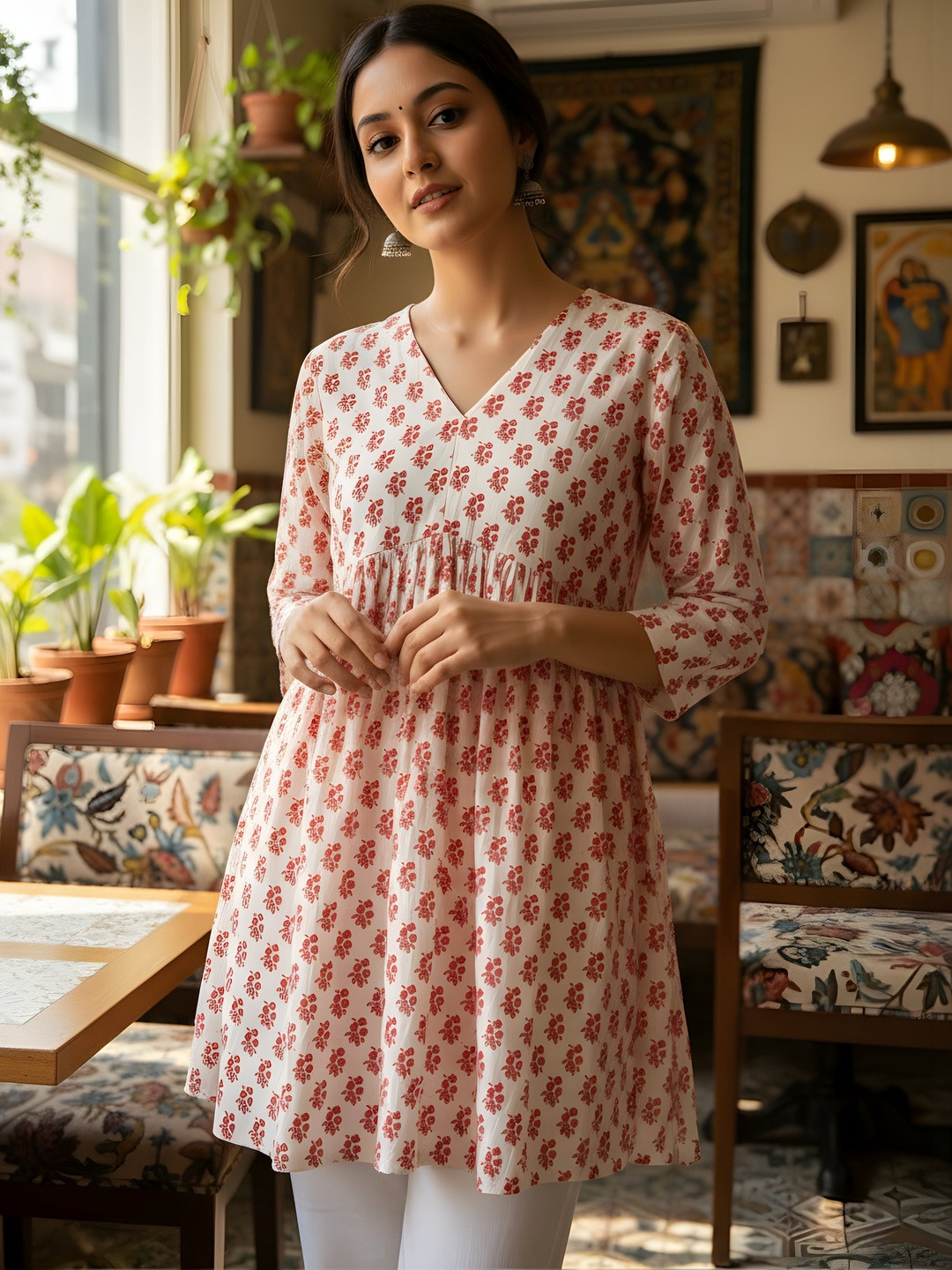 Anouk Botanical Printed V-Neck Pure Cotton Blend Empire Kurti