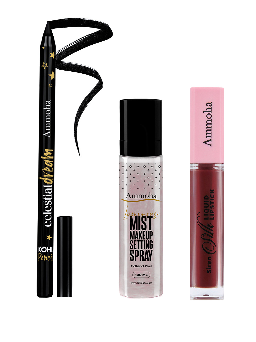 Ammoha Cosmetics Set of Mist Makeup Spray + Kohl Pencil + Siren Silk Lipstick