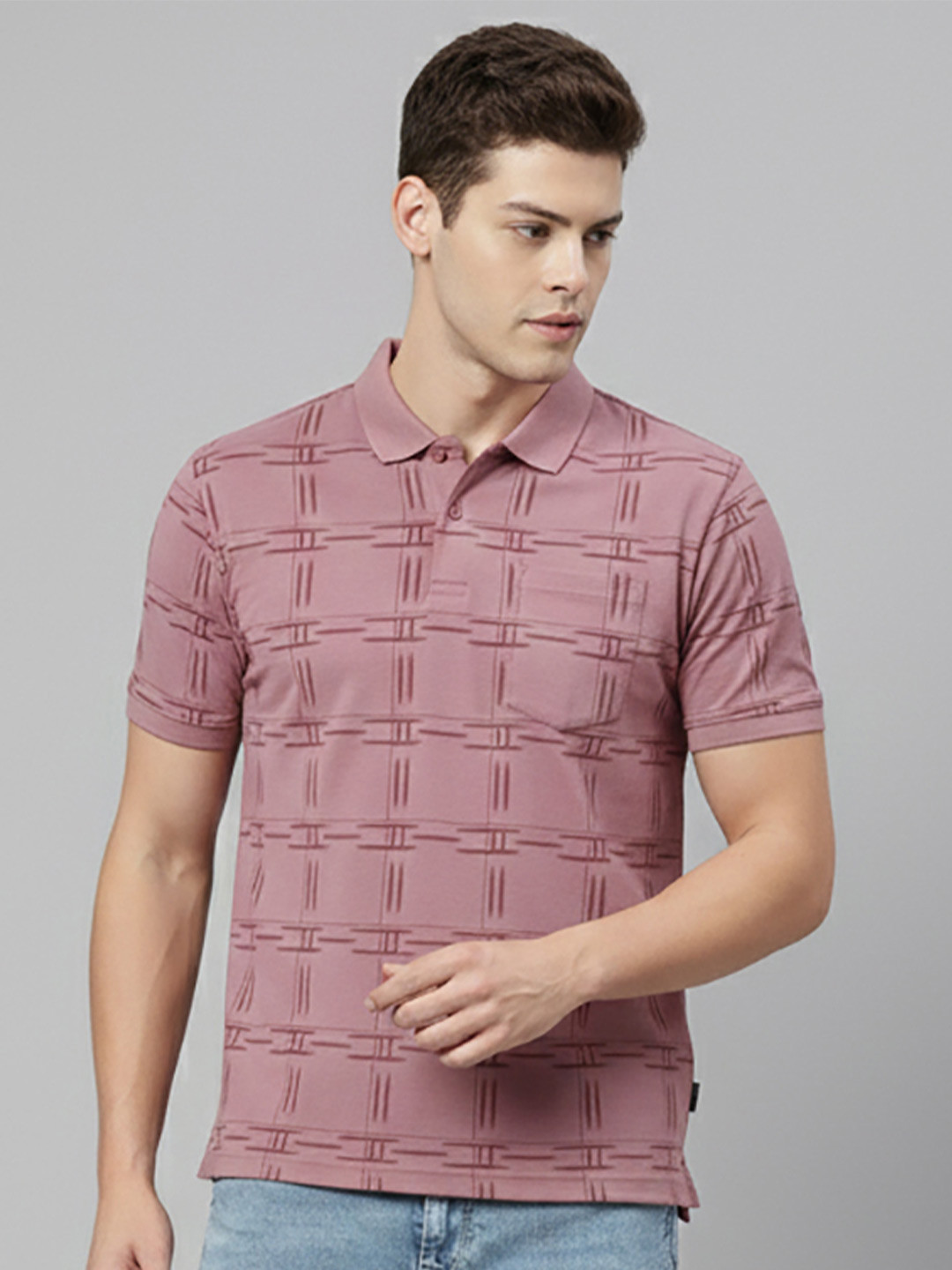 Mauve Checked Polo Collar T-shirt with Pocket