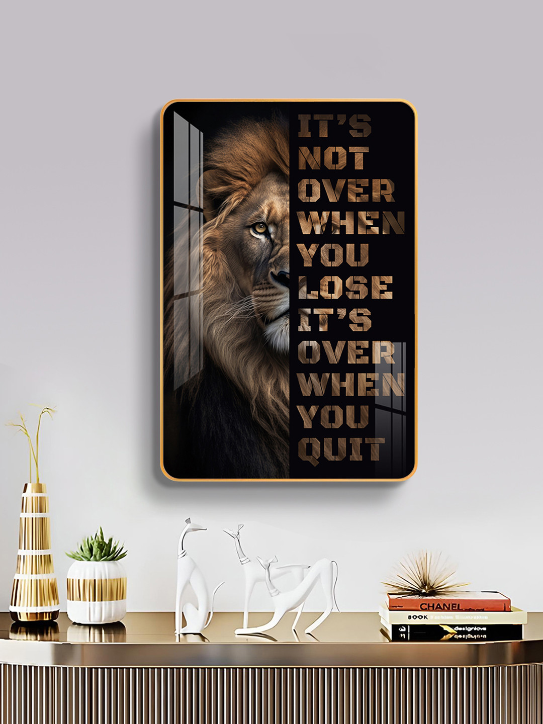 Motivational Lion Wall Art Painting (12x18 Inch) | Glass Finish Artwork for Home
