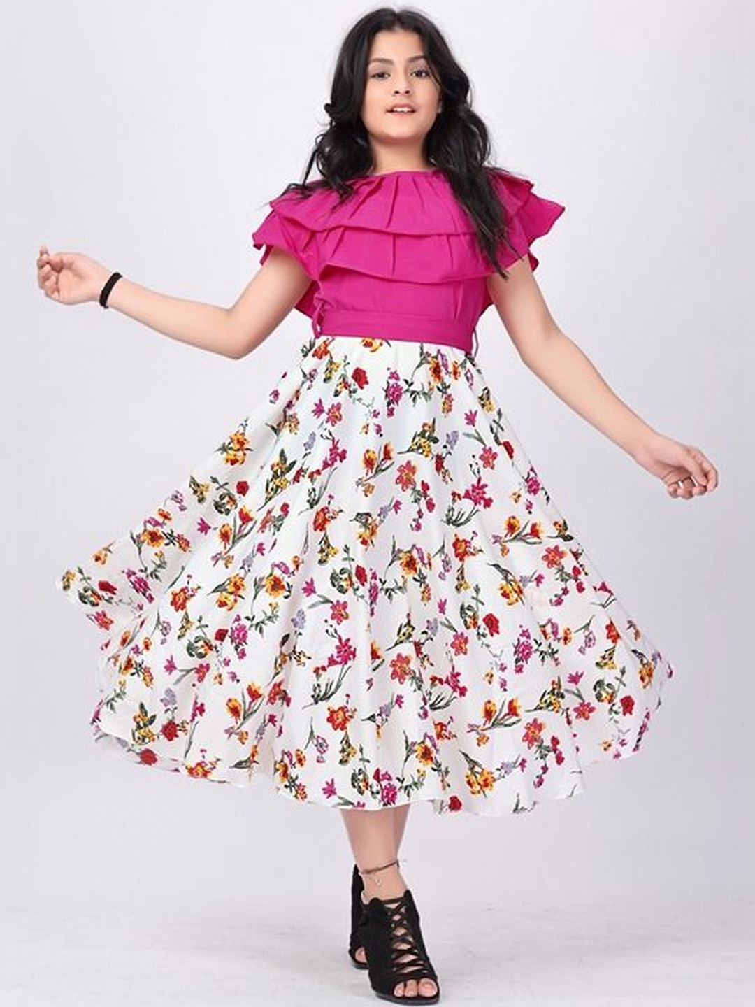 KRASRENAR Floral Print Crepe Fit & Flare Dress