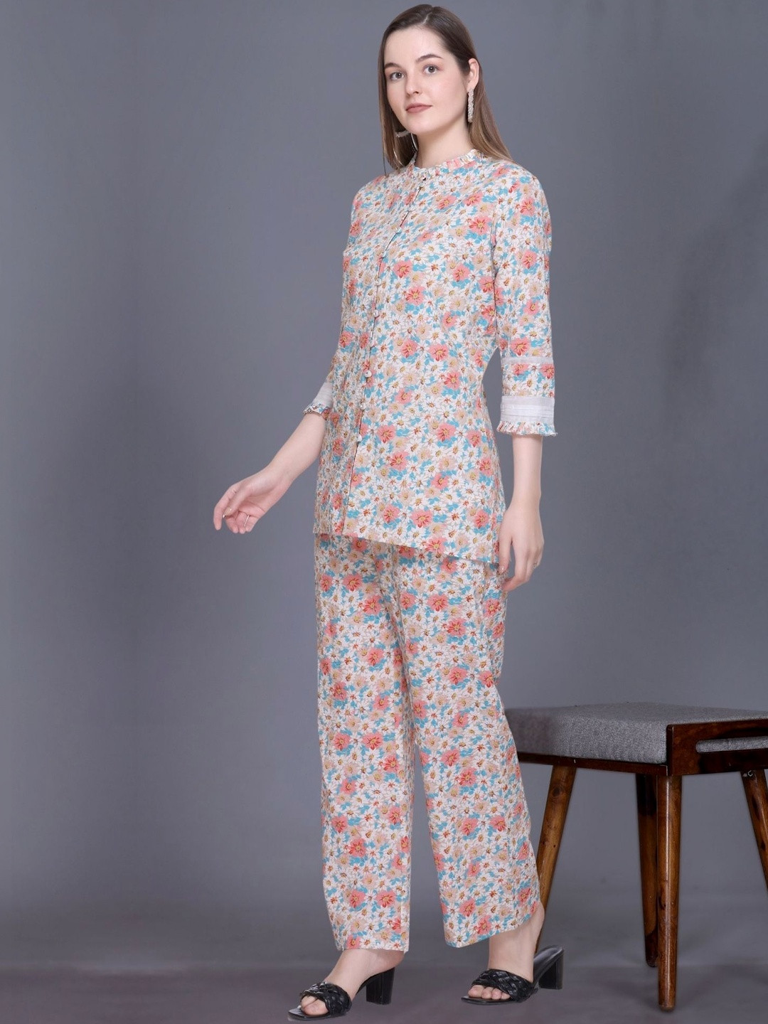KIZA Floral Cotton Printed Top with Trousers