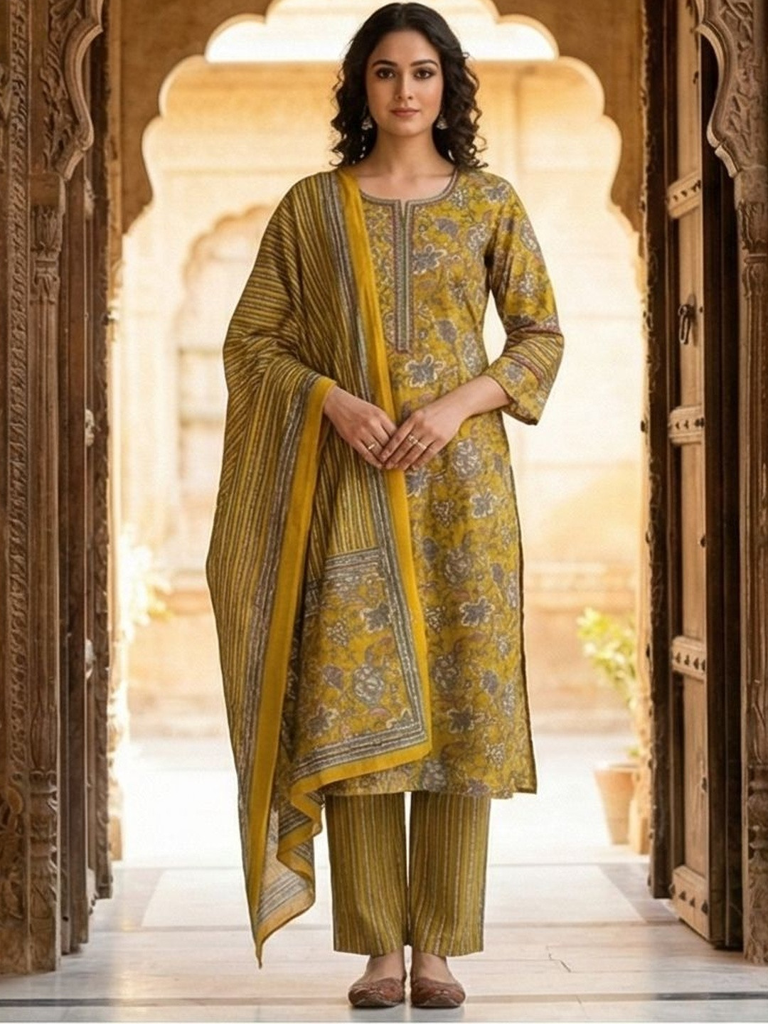 HERE&NOW Women Floral Printed Regular Thread Work Pure Cotton Kurta with Trousers & With Dupatta