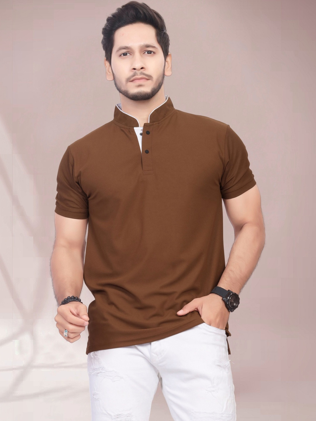 Divra Clothing Men Mandarin Collar T-shirt