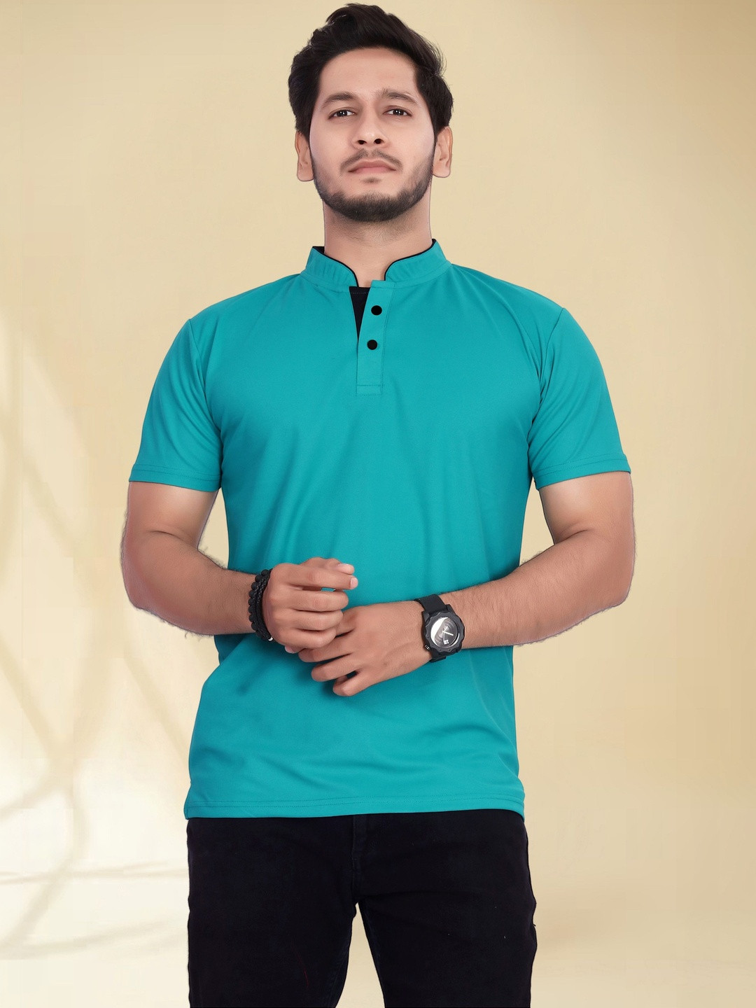 Divra Clothing Men Mandarin Collar Pockets T-shirt