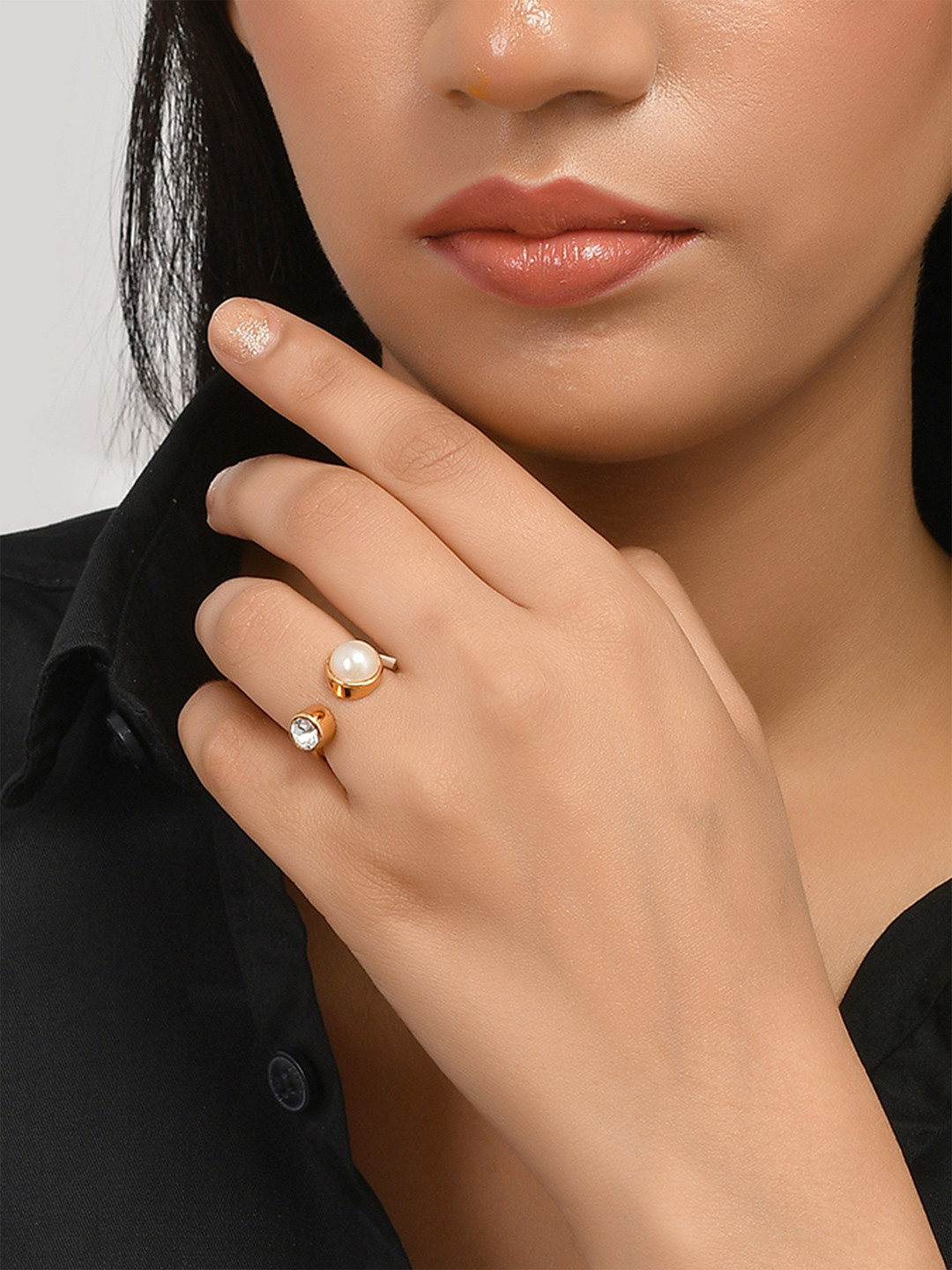 Mother's Day Open Half Pearl Cz Studded Ring