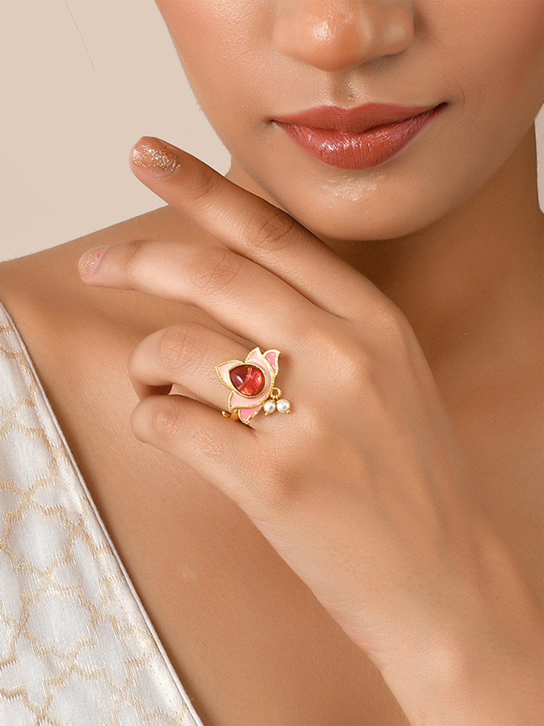 Forever More Floral Pink Stone and Pearls Ring