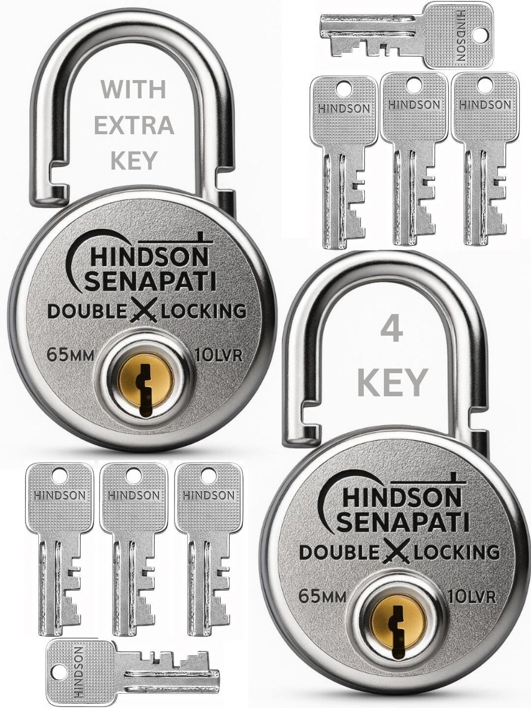 HINDSON Senapati 2Pcs Grey Double Locking Padlock With 8 Keys