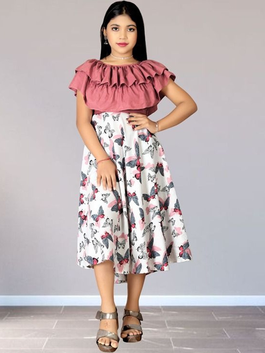 KRASRENAR Floral Print Crepe Fit & Flare Dress