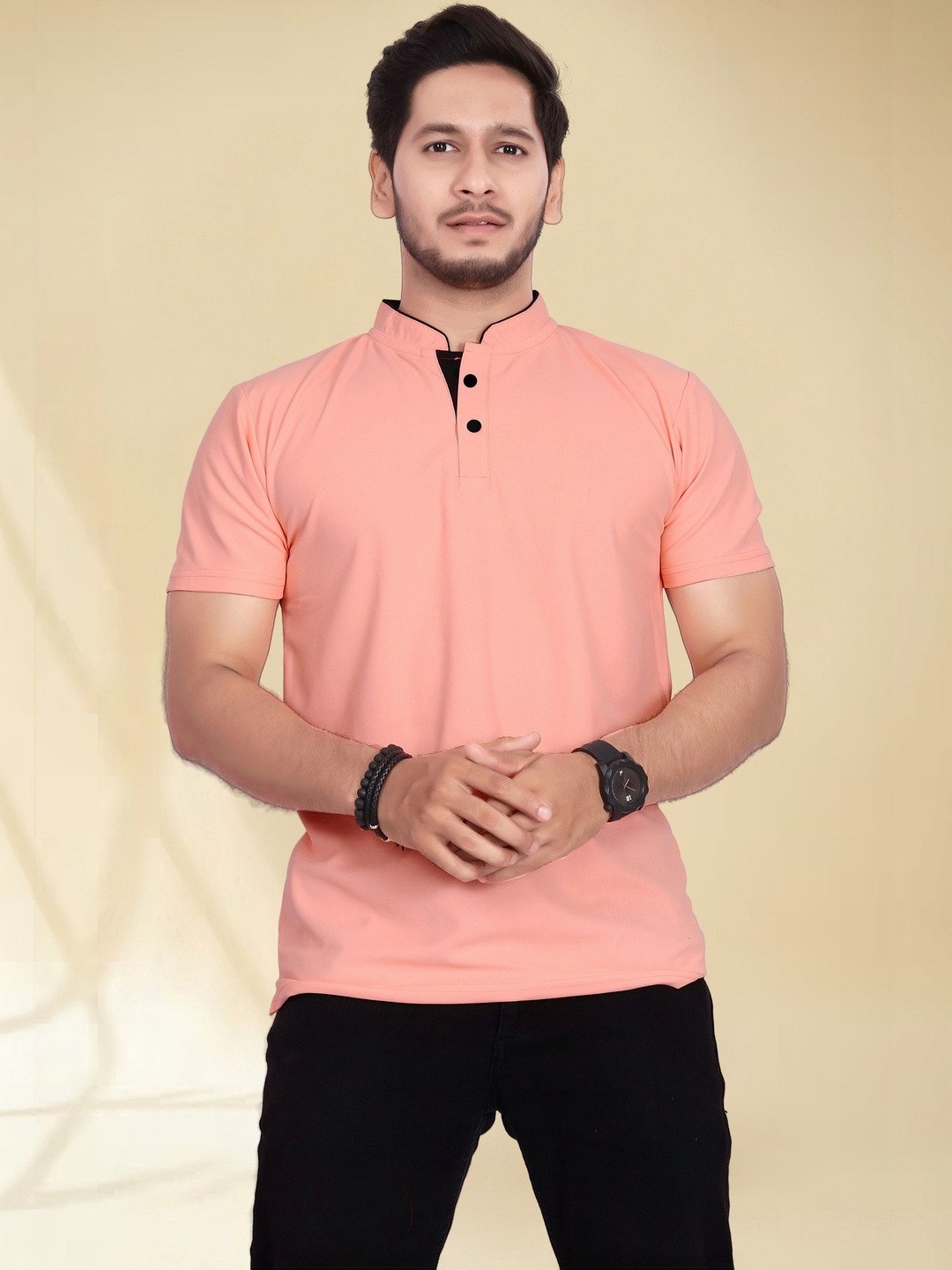 Divra Clothing Men Mandarin Collar Pockets T-shirt