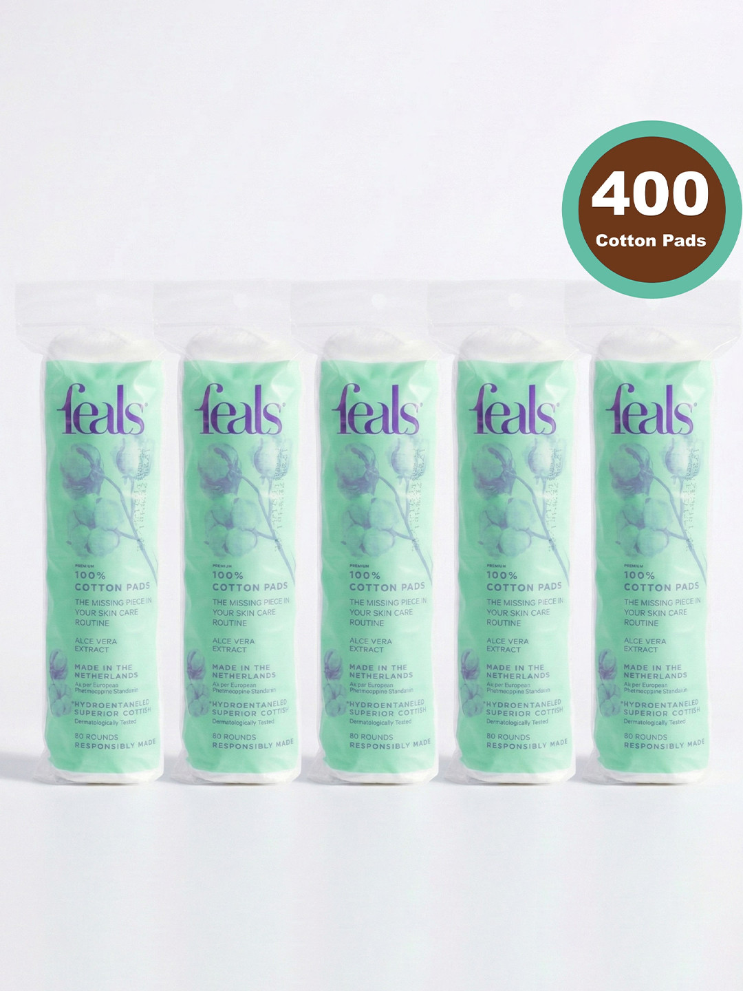 FEALS Set Of 5 Premium 100% Cotton Pads With Aloe Vera - 80 Pieces Each