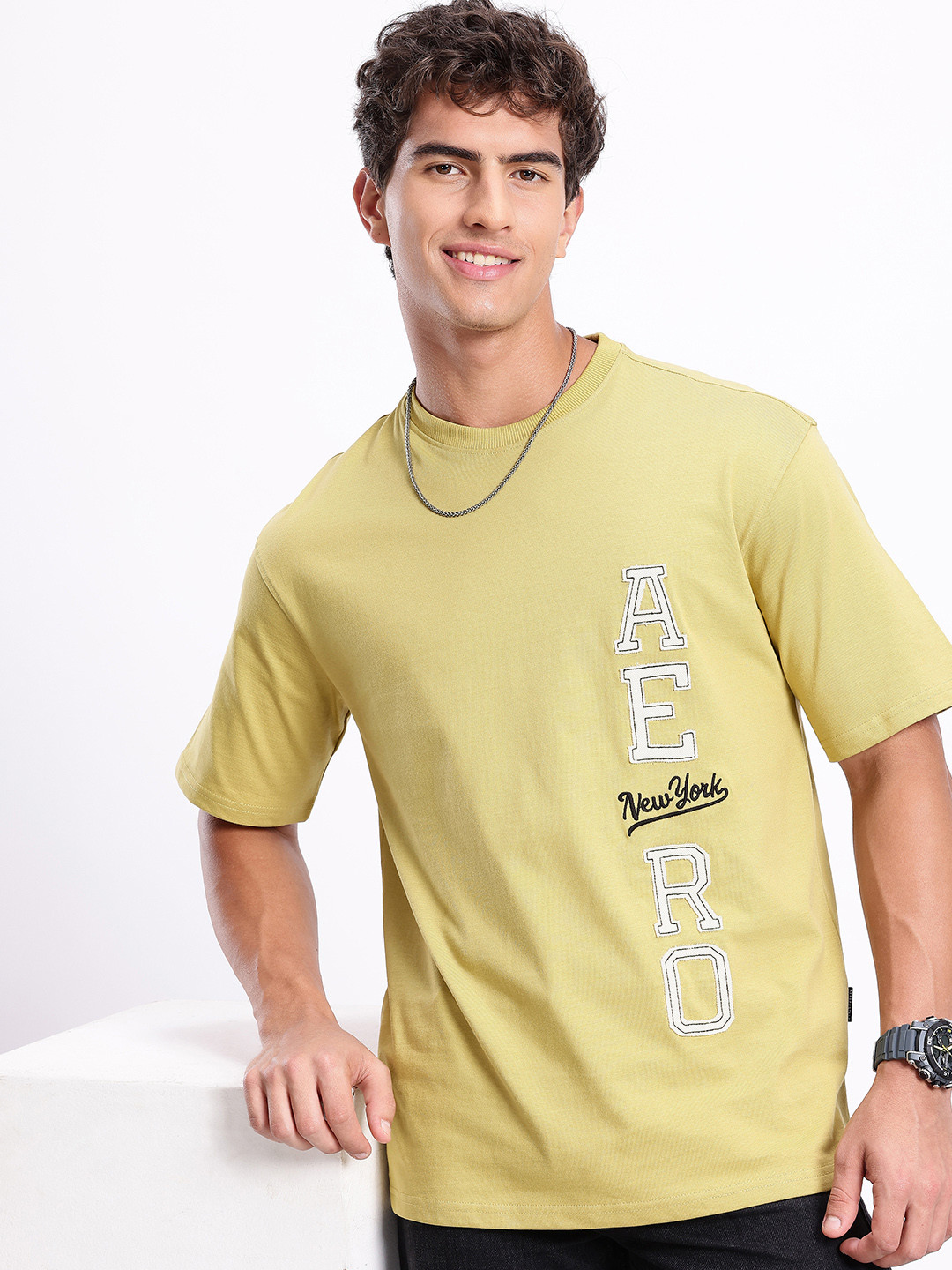 Aeropostale Brand Logo Applique Drop-Shoulder Sleeves Pure Cotton Relaxed Fit T-shirt