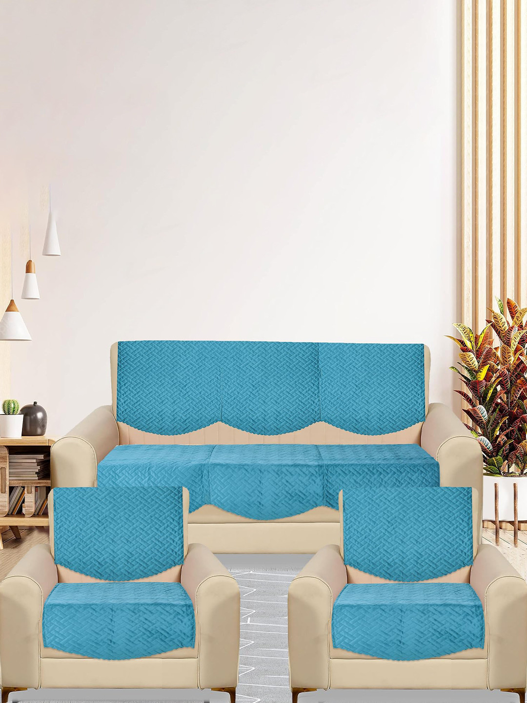 RRC Sea Green Geometric Velvet Quilted 10PC Straight 5 Seater Sofa Cover-23x28In