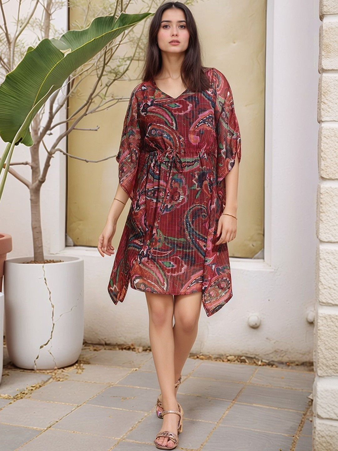 Murcia Print Batwing Sleeve Chiffon Kaftan Dress