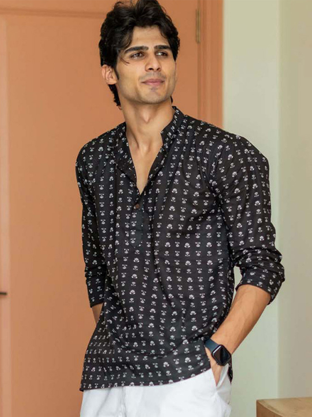 Shasak Floral Printed Mandarin Collar Cotton Straight Kurta