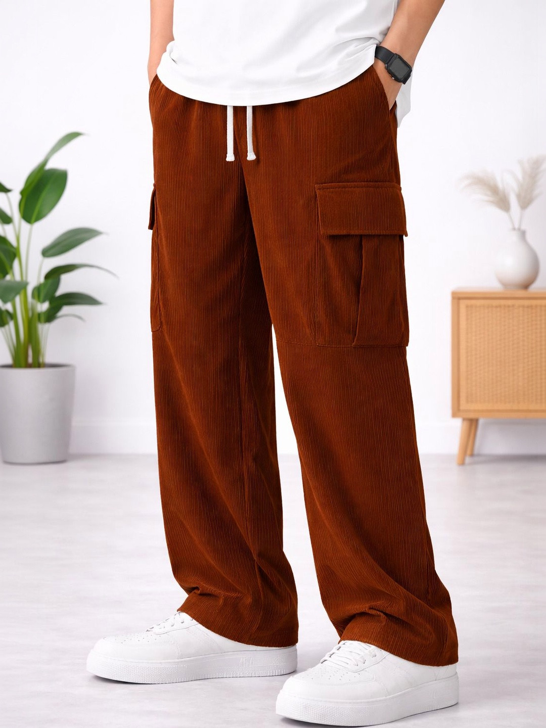 HERE&NOW Men Textured Relaxed Easy Wash Trousers
