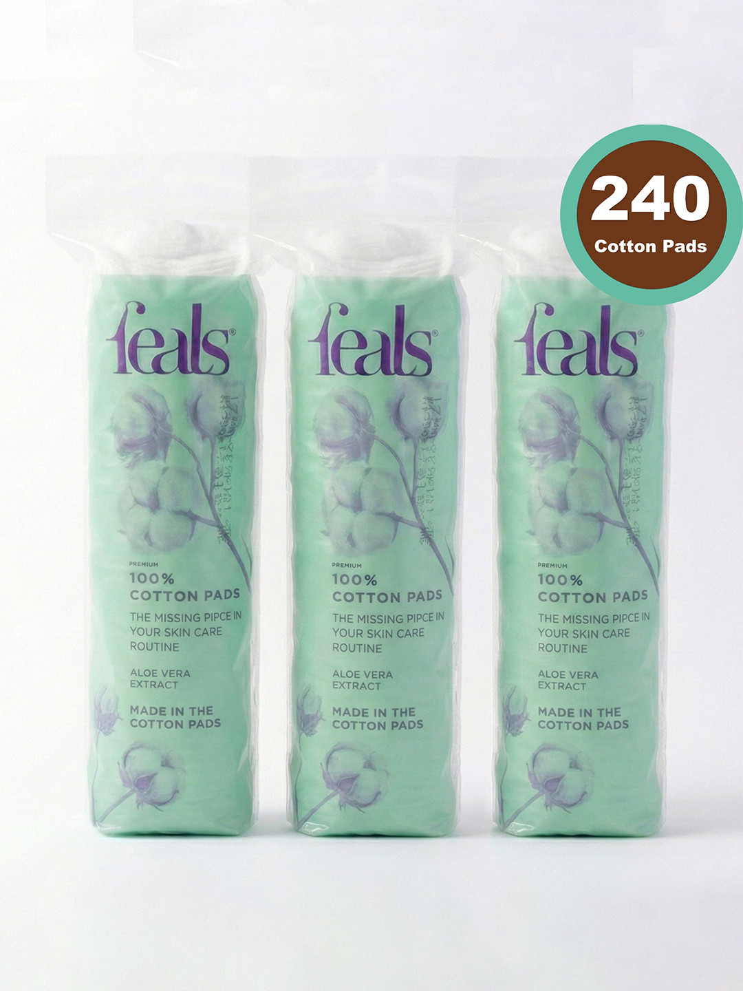FEALS Set Of 3 Premium 100% Cotton Pads With Aloe Vera - 80 Pieces Each