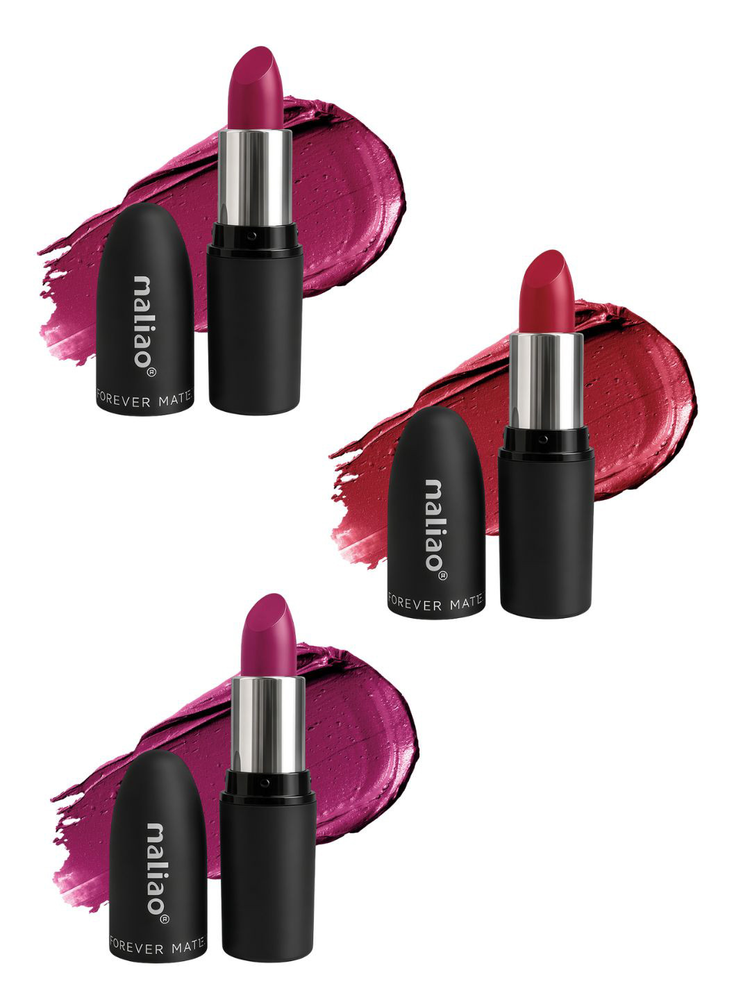 Maliao Set Of 3 Forever Matte Long Lasting Velvet Finish Bullet Lipstick -3.8 g Each