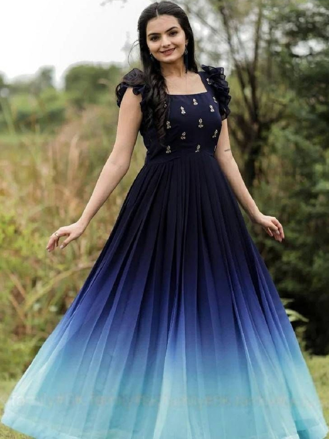 GLOSIA DESIGN Dyed Flutter Sleeve Georgette Maxi Dress