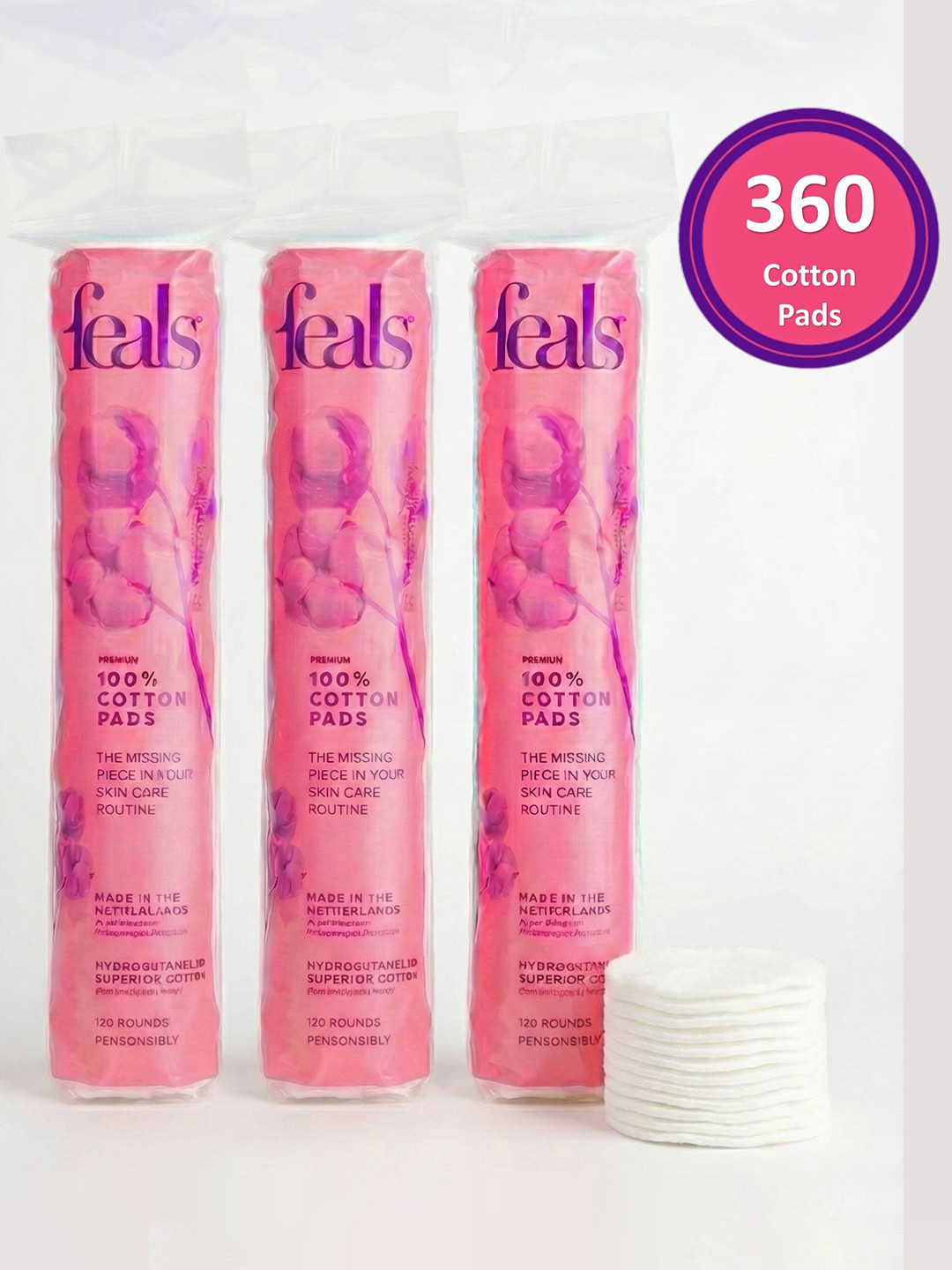 FEALS Set Of 3 Premium 100% Cotton Pads - 120 Pieces Each