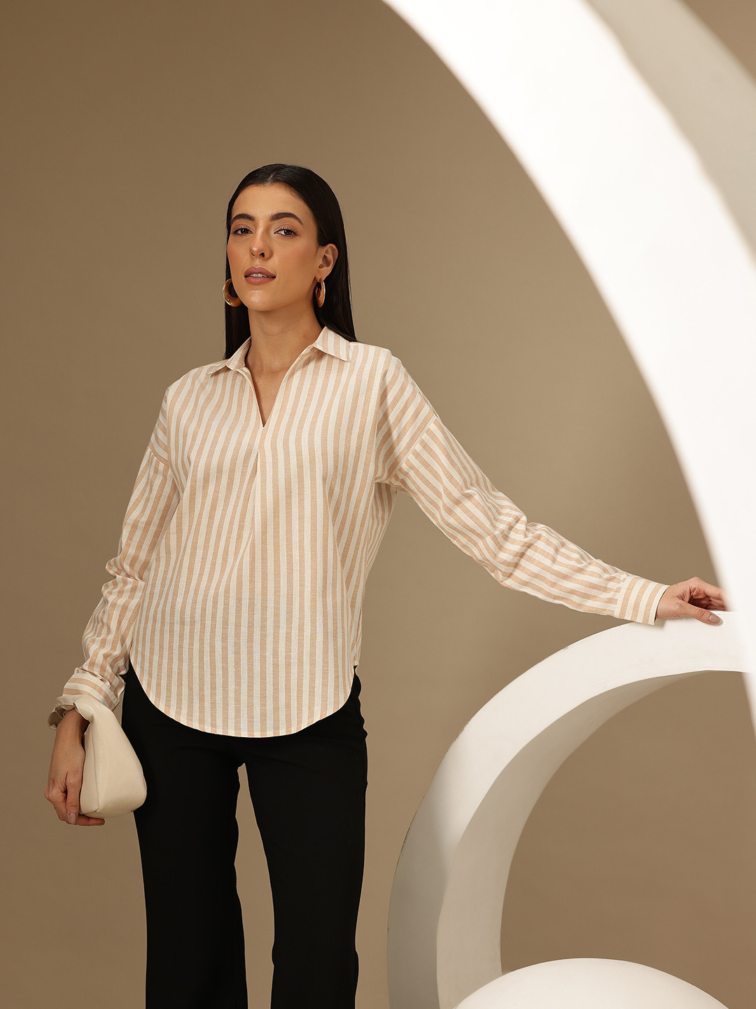 Chemistry Vertical Stripes Cuffed Sleeves Shirt Style Top