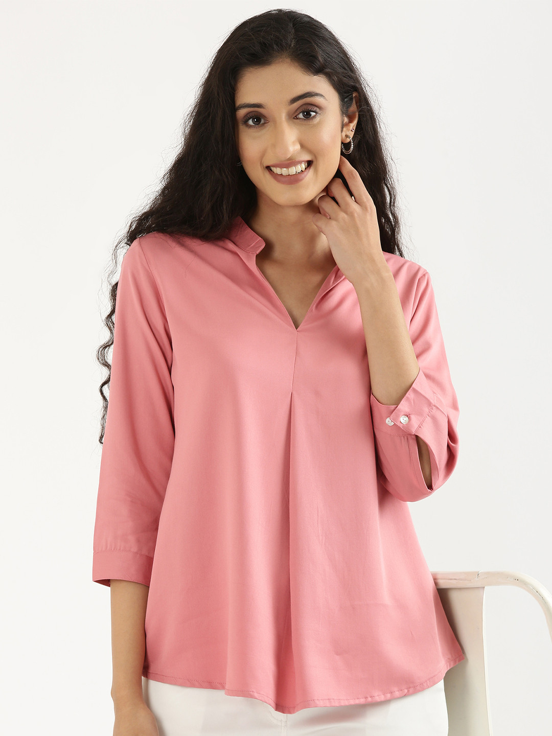 SAADAA Solid Mandarin Collar Viscose V-Neck 3/4 Sleeve Pleated Top