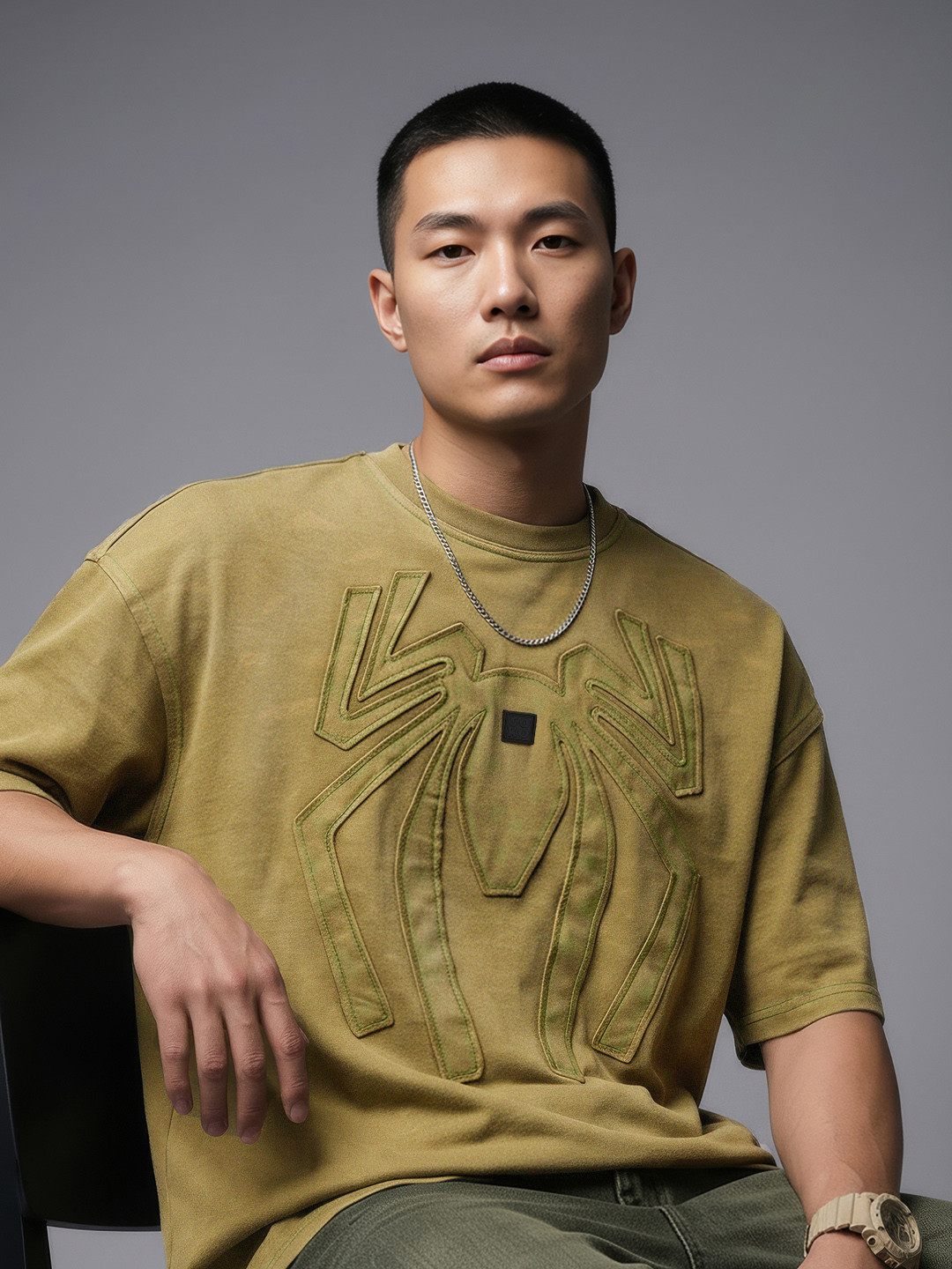 SOKO STREET Applique Washed Effect Drop-Shoulder Sleeves Pure Cotton Oversized T-shirt