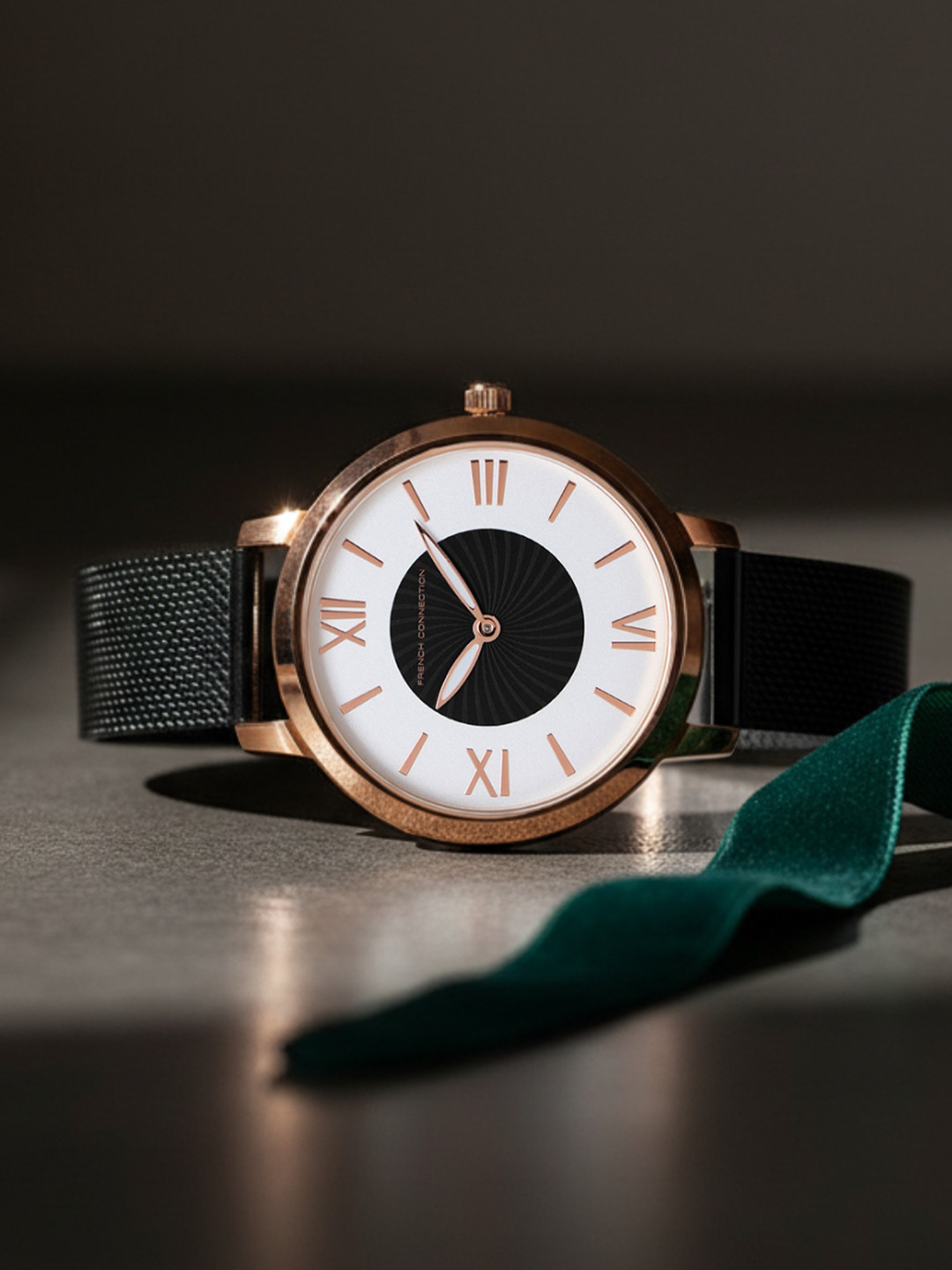 French Connection Women White Dial & Black Stainless Steel Bracelet Style Straps Analogue Watch FCN00027D