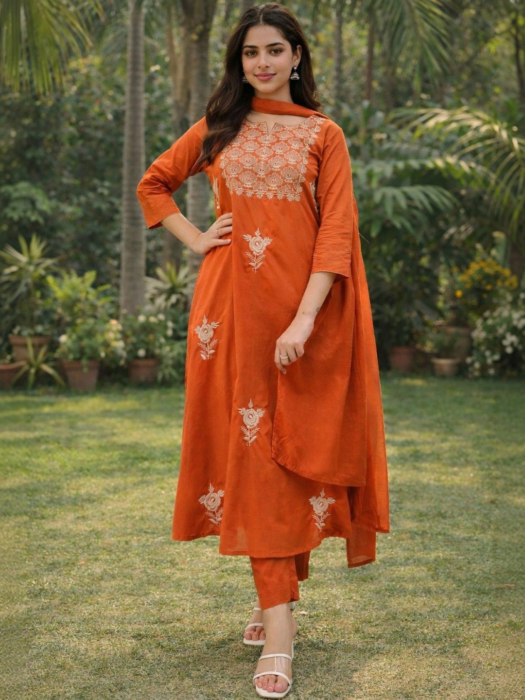 HERE&NOW Women Ethnic Motifs Embroidered Regular Thread Work Kurta with Trousers & With Dupatta