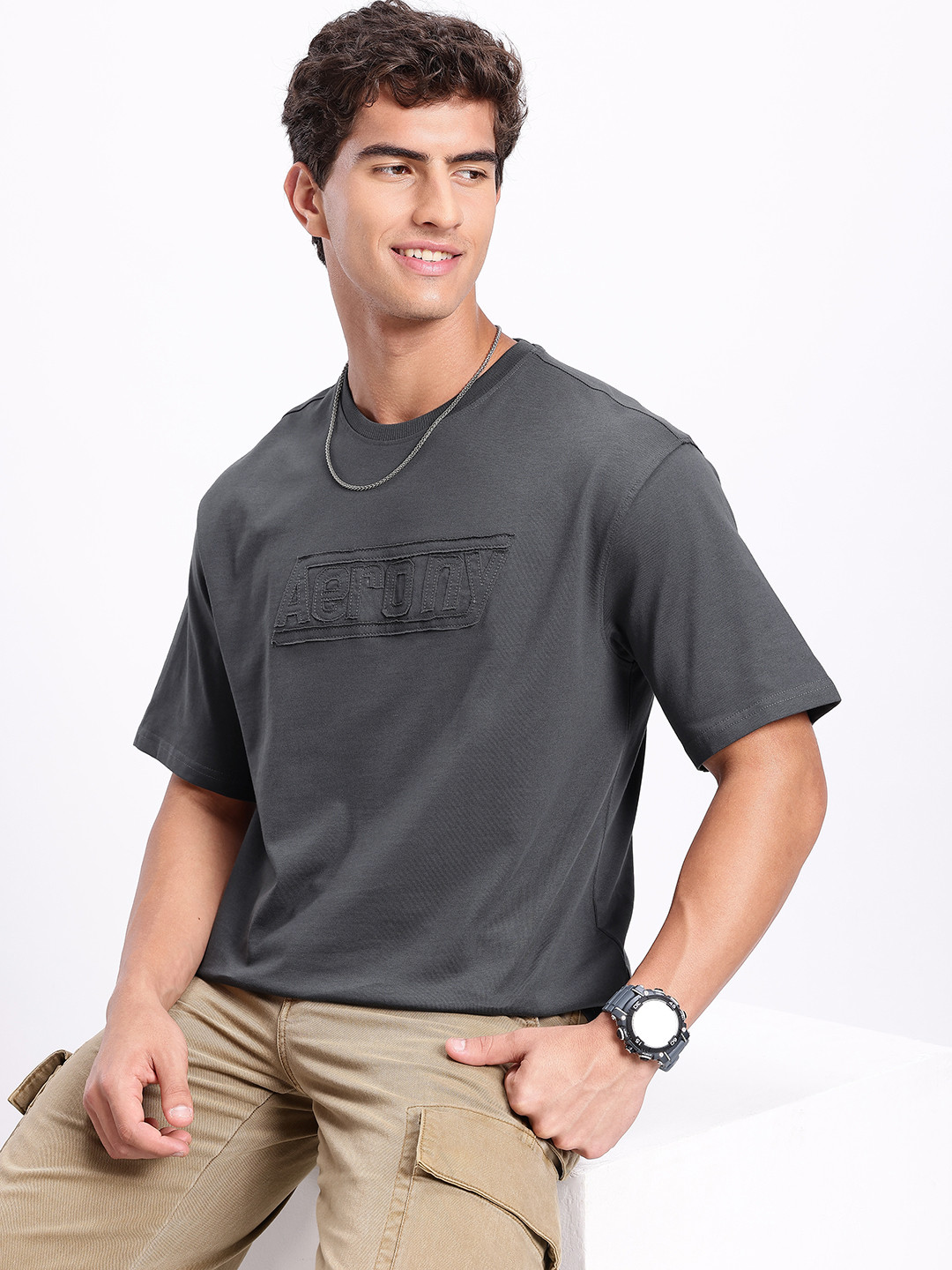 Aeropostale Brand Logo Applique Drop-Shoulder Sleeves Pure Cotton Relaxed Fit T-shirt