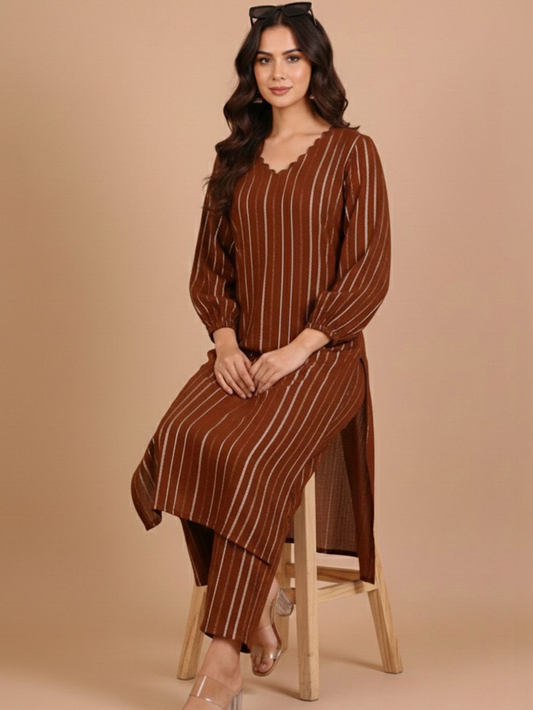 KALINI Women Striped Regular Silk Crepe Kurta with Trousers