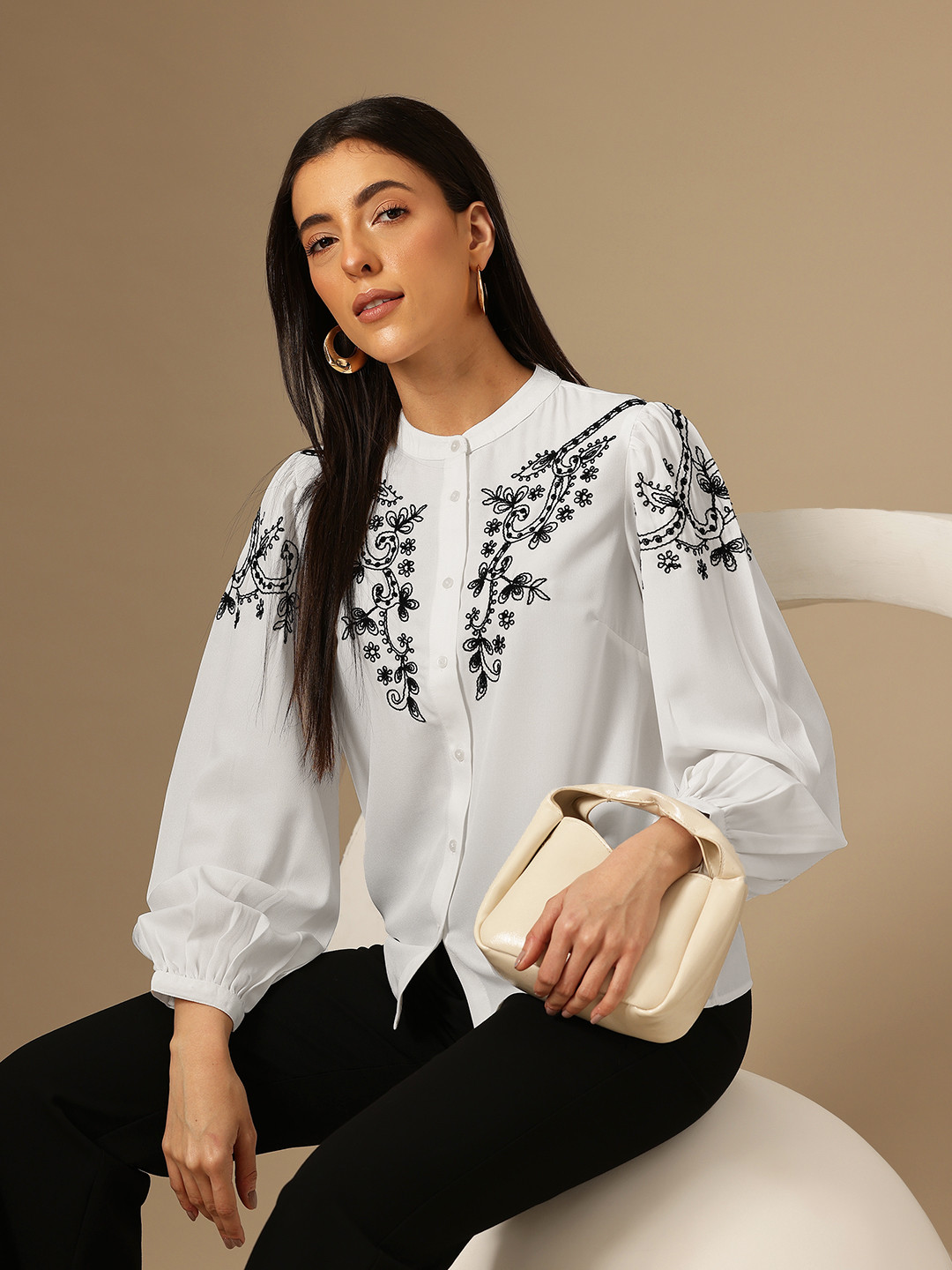 Chemistry Floral Embroidered Band Collar Casual Shirt
