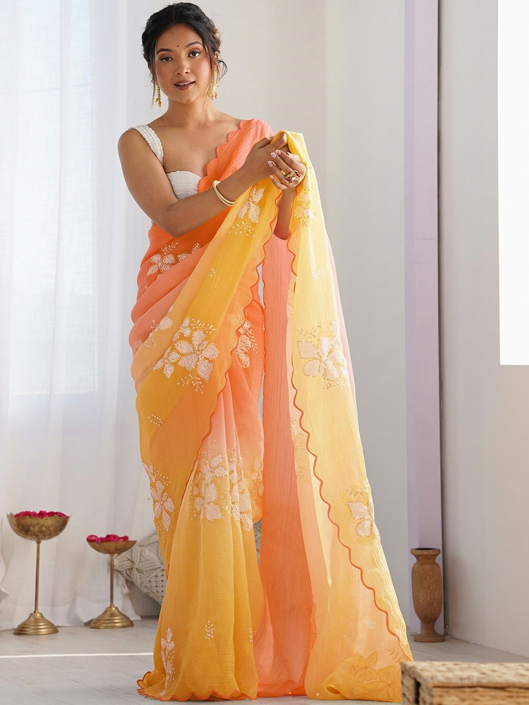 Mitera Floral Embroidered Poly Chiffon Saree