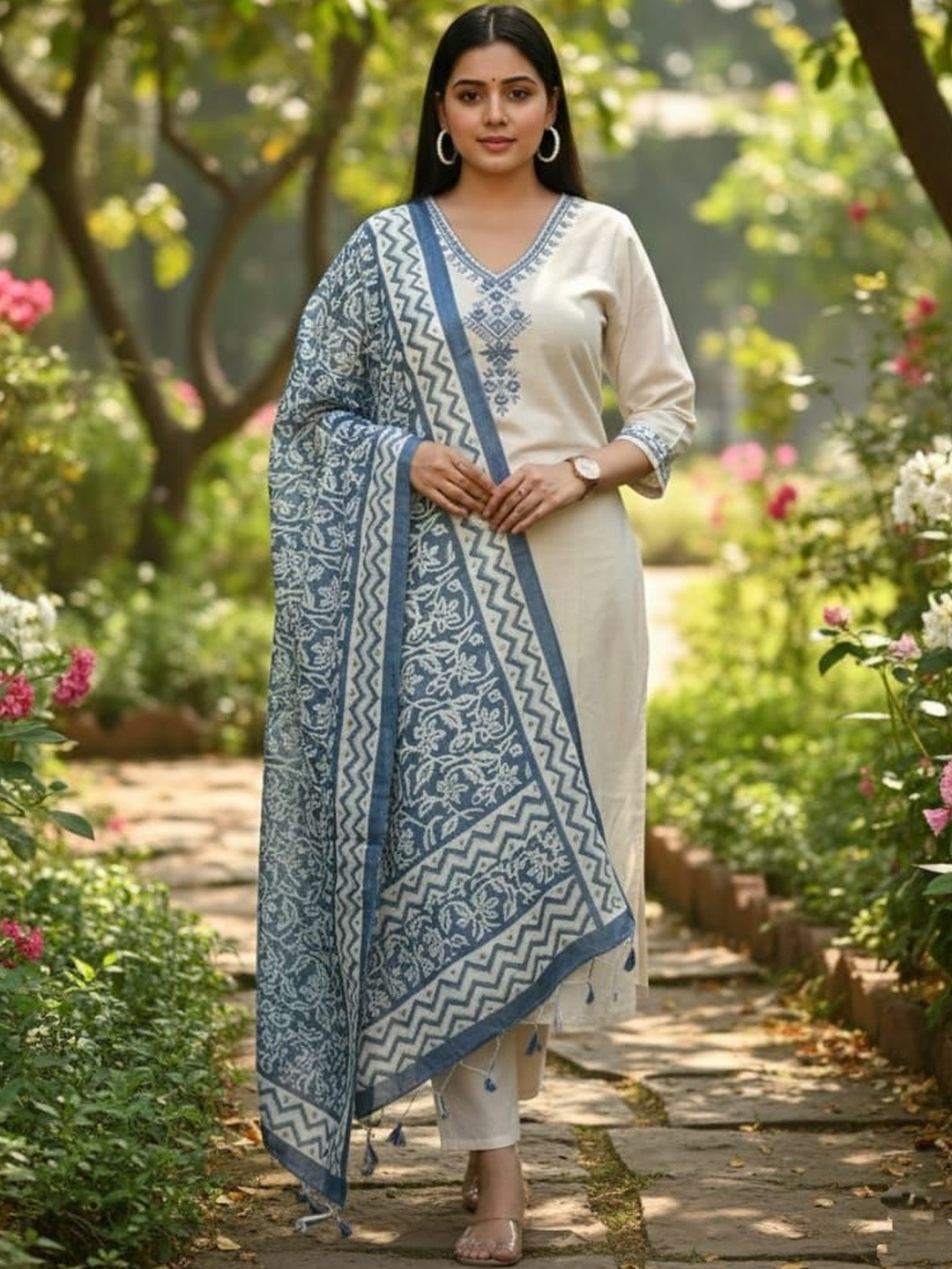 TIBAKKDI Women Embroidered Regular Sequinned Pure Cotton Kurti with Trousers & With Dupatta