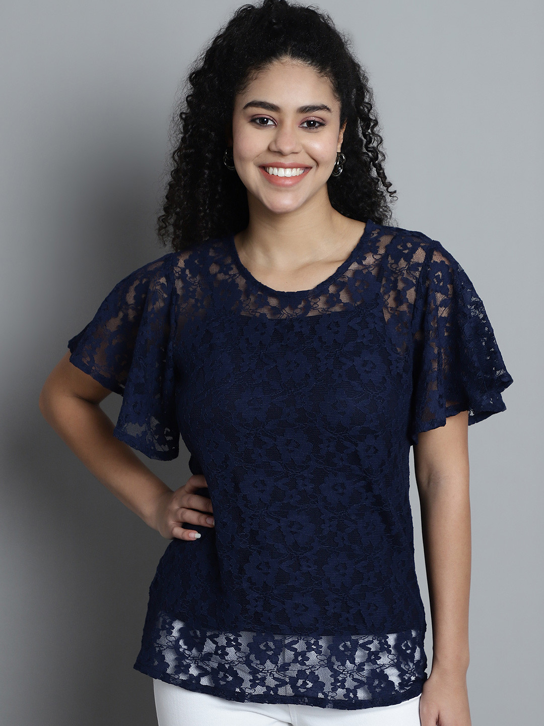 Dressitude Self Designed Round Neck Sheer Lace Top