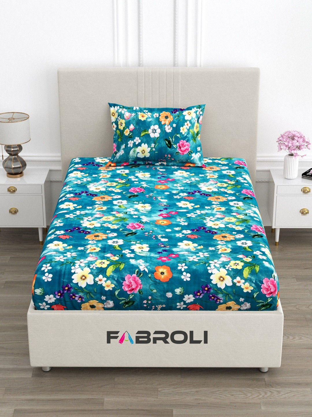 FABROLI Blue 300 TC Single Bedsheet with 1 Pillow Covers