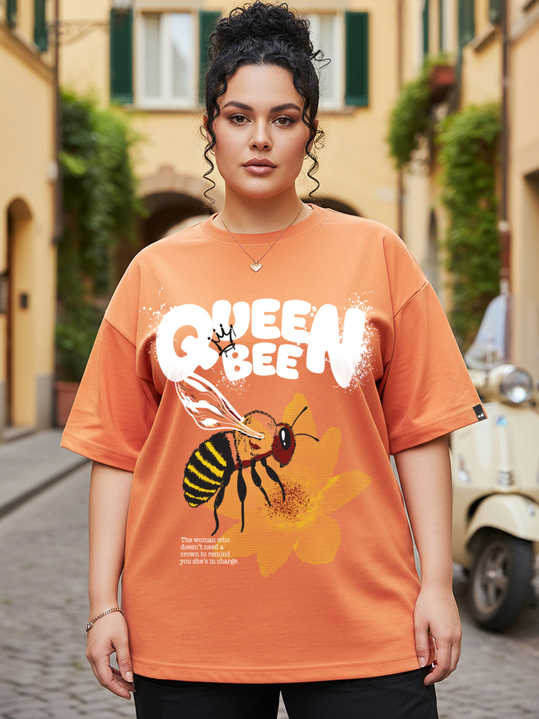 Bewakoof Heavy Duty Women Caramel Orange Queen Bee Printed Oversized Plus Size T-shirt