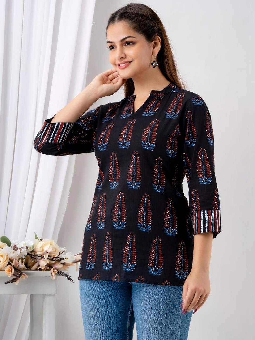 SZN Ethnic Motifs V-Neck Cotton Blend Top