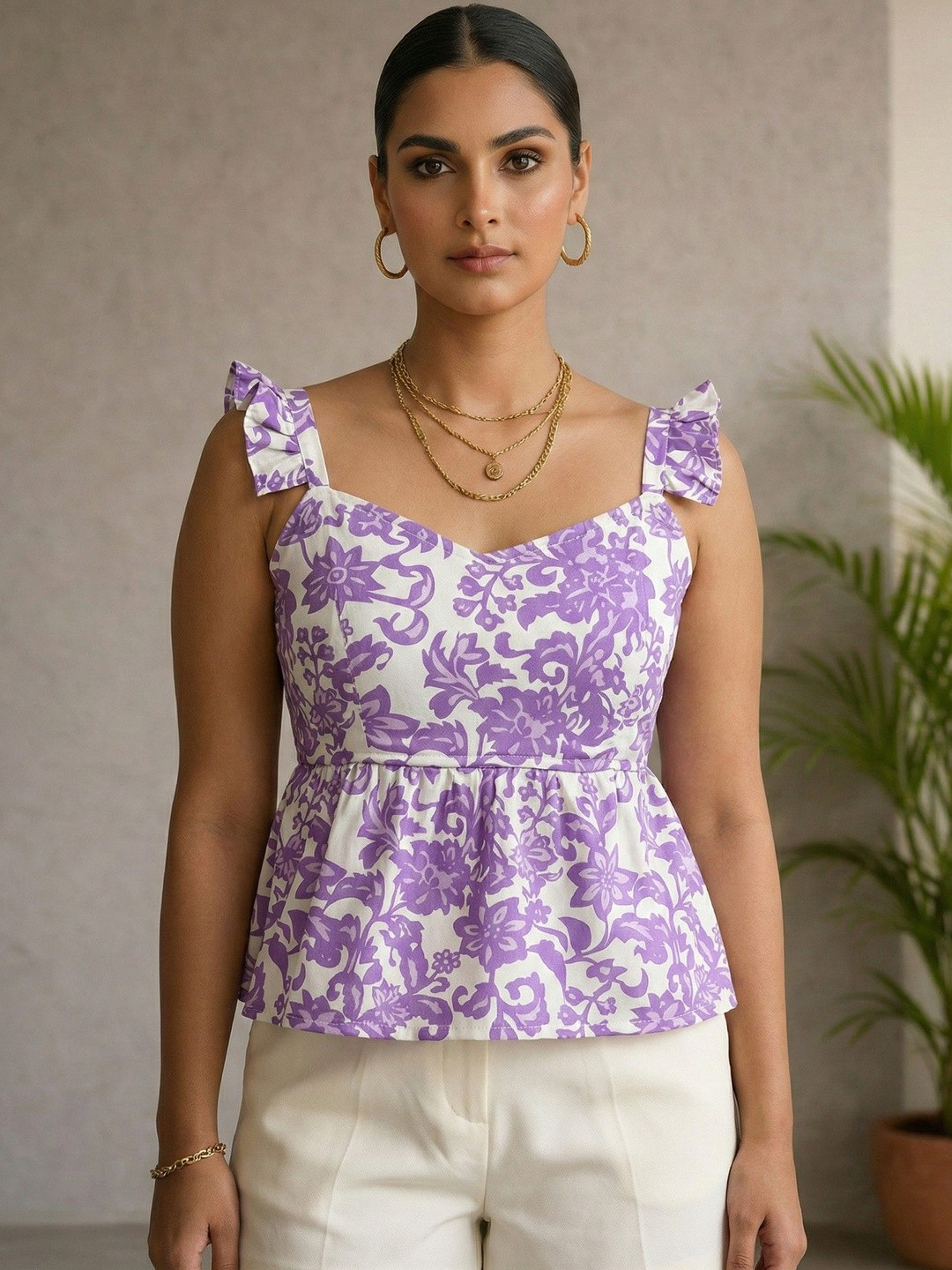 NiloBerry Floral Print Sweetheart Neck Ruffles Top