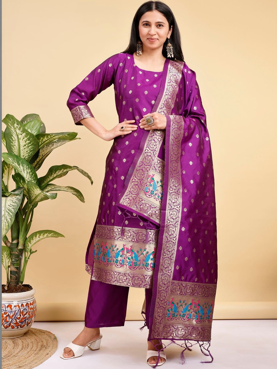 Sangria Woven Design Round Neck Kurta & Trousers Kurta Sets