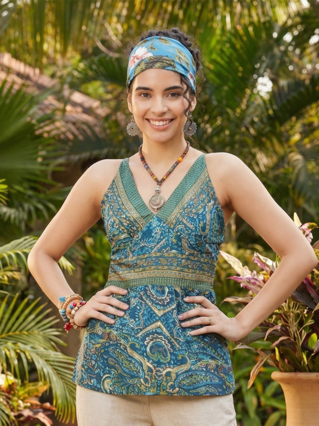 Boholyfe Peplum Aurelia Gathered Paisley V-Neck Shoulder Straps Top