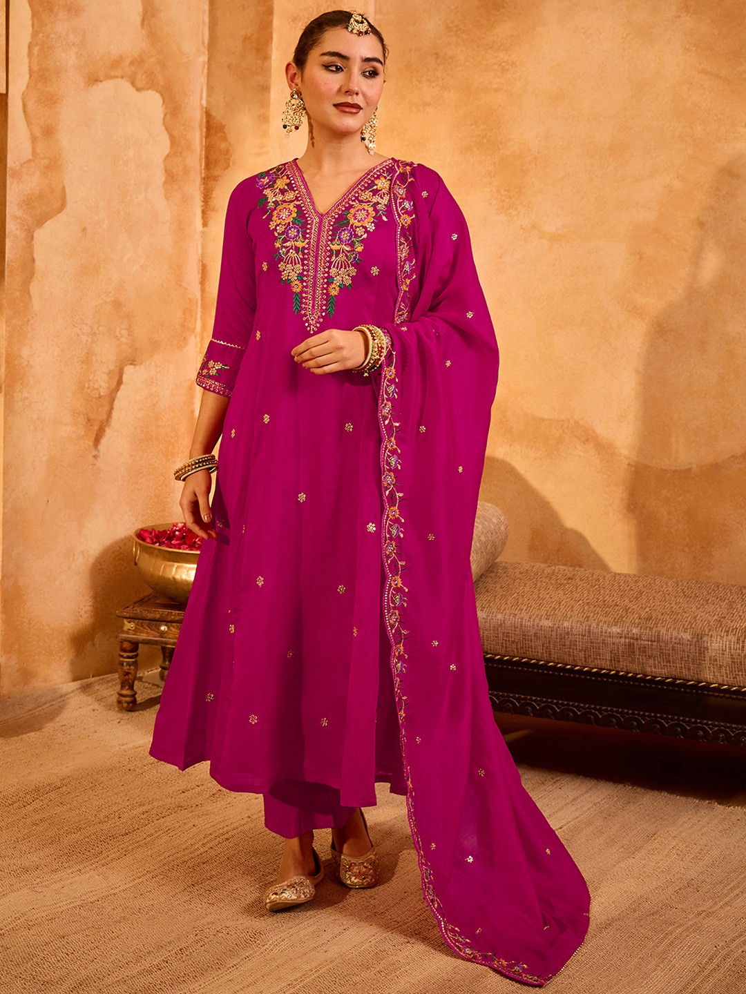 KALINI Women Floral Embroidered Regular Thread Work Kurta with Trousers & With Dupatta