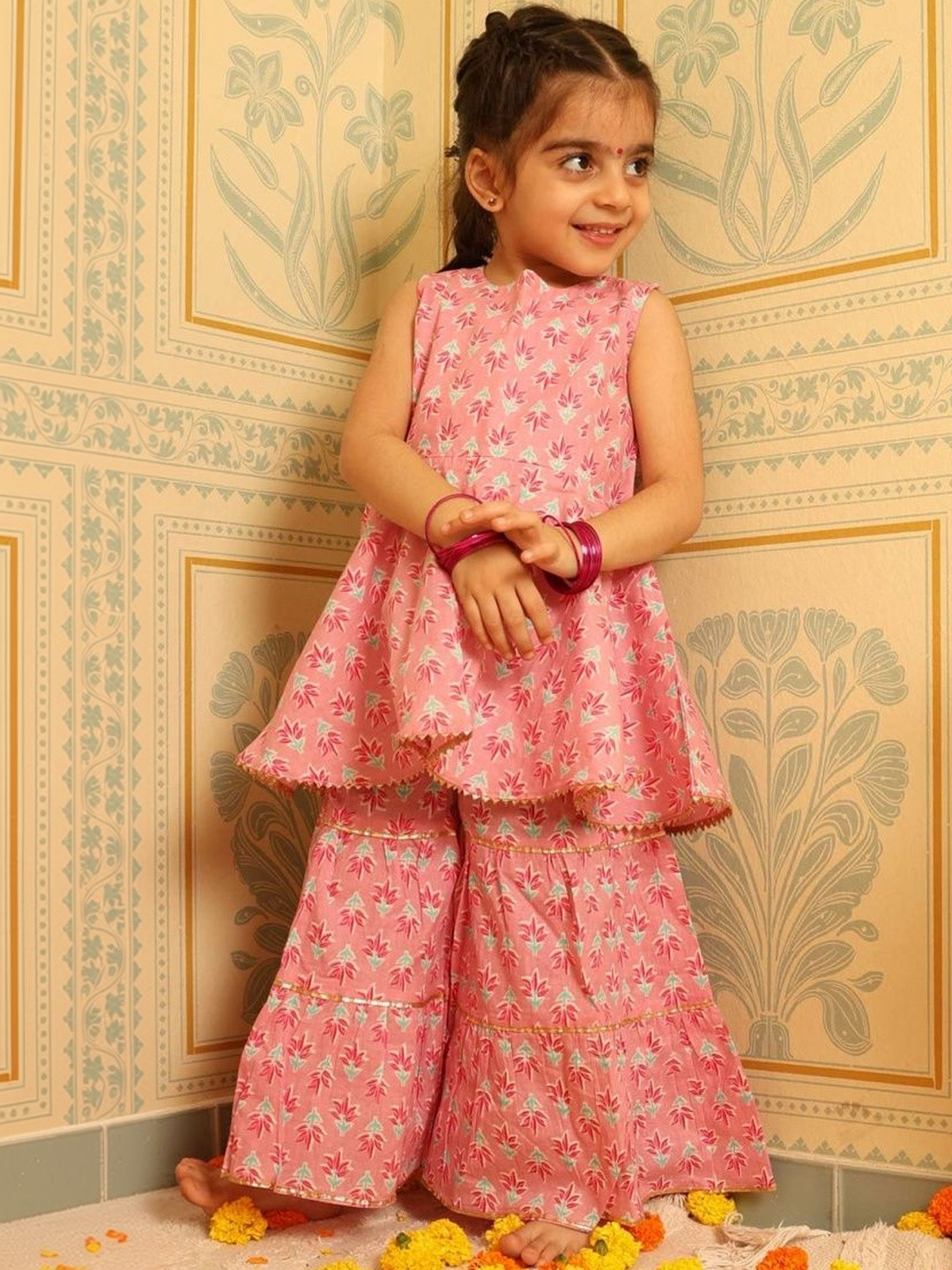 Kidotsav Girls Floral Printed Regular Kurti with Sharara