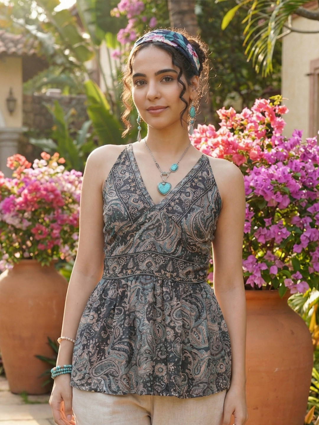 Boholyfe Elowira Ash Gathered Paisley V-Neck Shoulder Straps Peplum Top