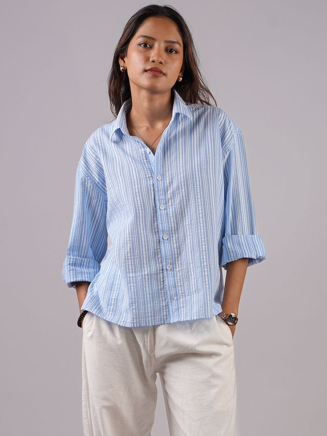 NISHORAMA Oversized d Vertical Stripes Cotton Linen Three-Quarter Sleeves Fit Shirt