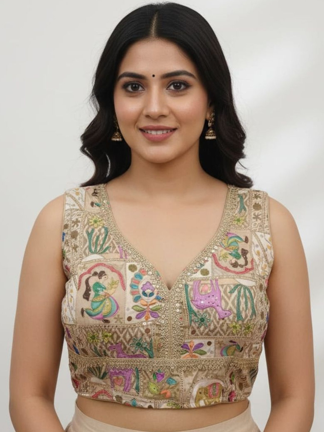 Mytrendzs Cotton Blend Embroidered Thread Work Saree Blouse