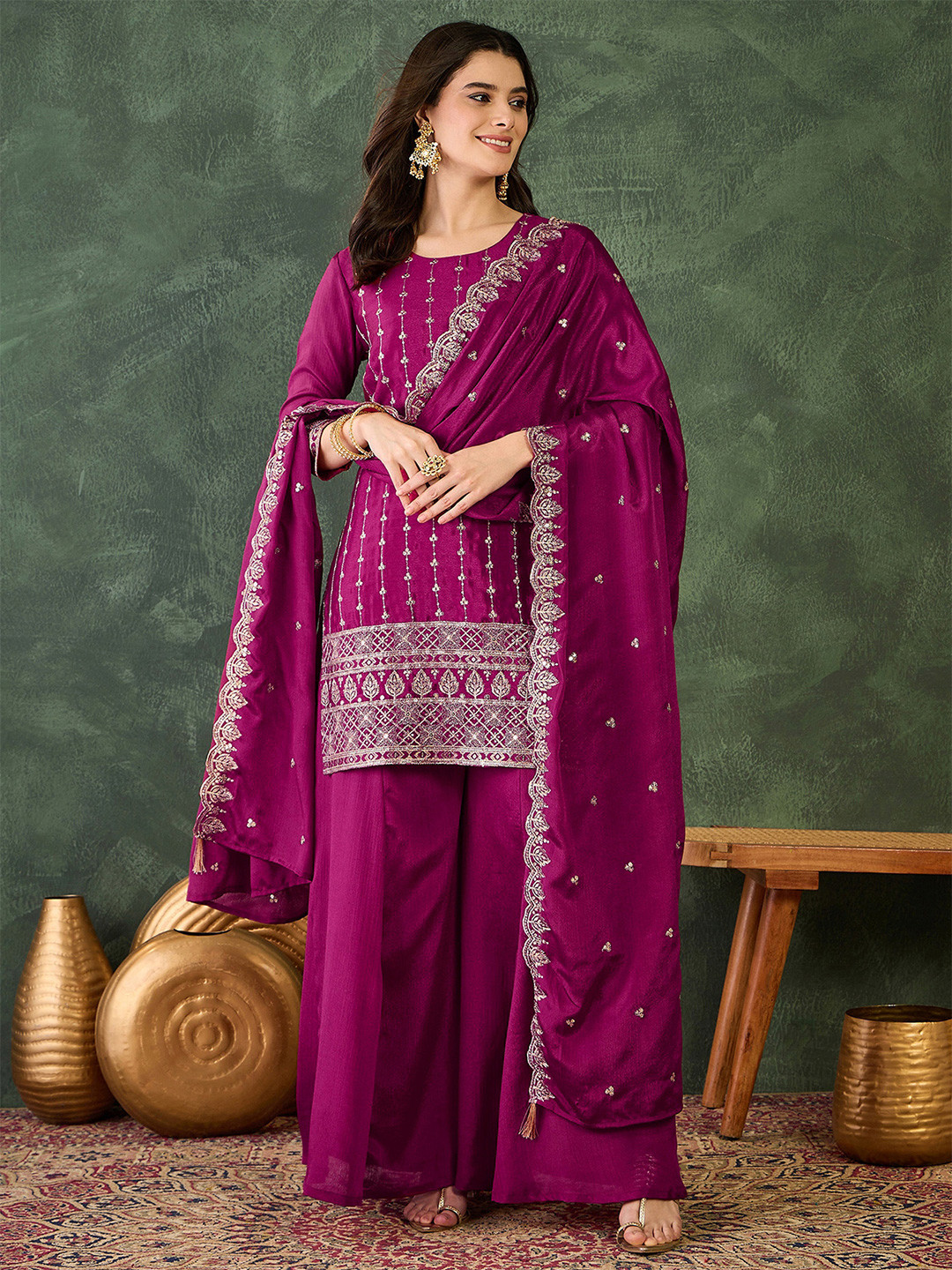 KALINI Women Ethnic Motifs Embroidered Regular Thread Work Kurta with Palazzos & With Dupatta